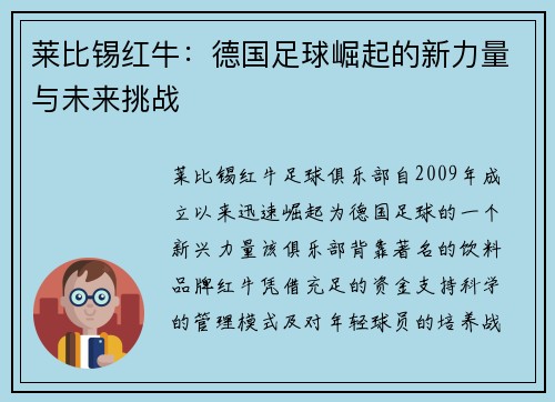 莱比锡红牛：德国足球崛起的新力量与未来挑战