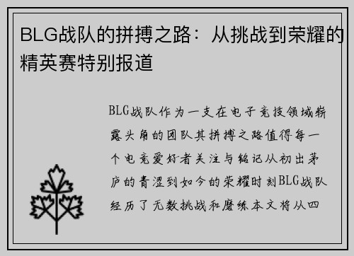 BLG战队的拼搏之路：从挑战到荣耀的精英赛特别报道
