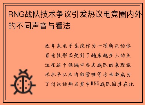 RNG战队技术争议引发热议电竞圈内外的不同声音与看法